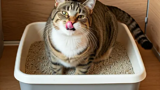 Behavior:chubby cat with tongue sticking out standing in litterbox
