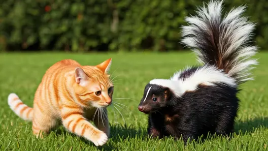 Grooming:orange striped cat encounter with a skunk on the grass