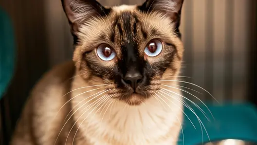 Adoption and Rescue:siamese cat in animal shelter cage facing camera